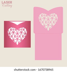 Laser cut pocket envelope with geometric patterned heart. Template for cutting. Wedding invitation or valentine greeting card mockup with lace heart.