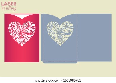 Laser cut pocket envelope with heart patterned of hibiscus flowers and leaves. Template for cutting. Wedding invitation or valentine tropical greeting card mockup with heart.