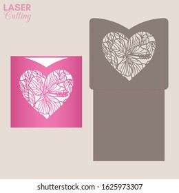 Laser cut pocket envelope with heart patterned of hibiscus flowers and leaves. Template for cutting. Wedding invitation or valentine tropical greeting card mockup with heart.