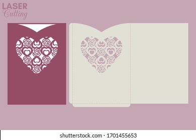 Laser cut pocket envelope with hearts and roses pattern. Template for cutting. Wedding invitation or valentine greeting card mockup with lace heart.