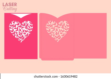 Laser cut pocket envelope with leaves and branches patterned heart. Template for cutting. Wedding invitation or valentine greeting card mockup with lace heart.