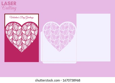 Laser cut pocket envelope with leaves patterned heart. Template for cutting. Wedding invitation or valentine greeting card mockup with lace heart.