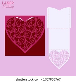 Laser cut pocket envelope with leaves patterned heart. Template for cutting. Wedding invitation or valentine greeting card mockup with lace heart.