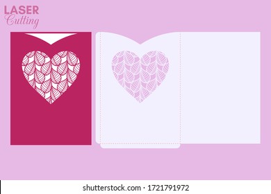 Laser cut pocket envelope with leaves patterned heart. Template for cutting. Wedding invitation or valentine greeting card mockup with lace heart.