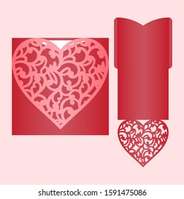 Laser cut pocket envelope with patterned heart. Template for cutting. Wedding invitation or valentine greeting card mockup with lace heart.