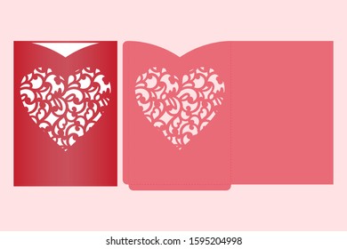 Laser cut pocket envelope with patterned heart. Template for cutting. Wedding invitation or valentine greeting card mockup with lace heart.