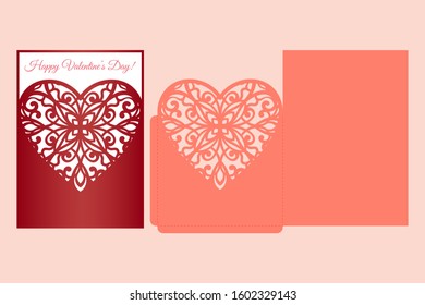 Laser cut pocket envelope with patterned heart. Template for cutting. Wedding invitation or valentine greeting card mockup with lace heart.