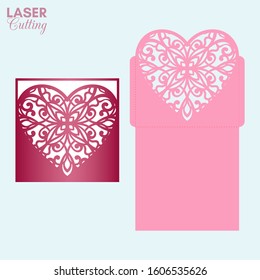 Laser cut pocket envelope with patterned heart. Template for cutting. Wedding invitation or valentine greeting card mockup with lace heart.