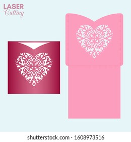 Laser cut pocket envelope with patterned heart. Template for cutting. Wedding invitation or valentine greeting card mockup with lace heart.