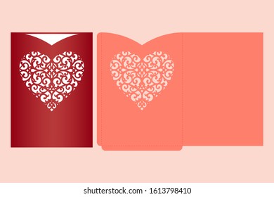 Laser cut pocket envelope with patterned heart. Template for cutting. Wedding invitation or valentine greeting card mockup with lace heart.