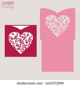 Laser cut pocket envelope with patterned heart. Template for cutting. Wedding invitation or valentine greeting card mockup with lace heart.