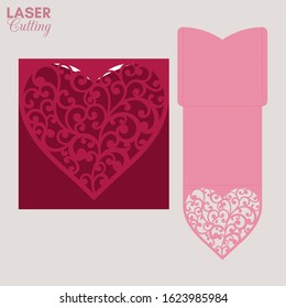 Laser cut pocket envelope with patterned heart. Template for cutting. Wedding invitation or valentine greeting card mockup with lace heart.