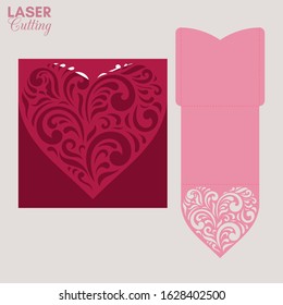 Laser cut pocket envelope with patterned heart. Template for cutting. Wedding invitation or valentine greeting card mockup with lace heart.