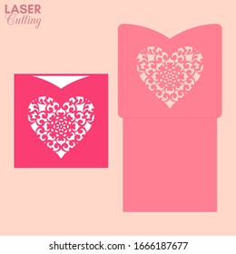 Laser cut pocket envelope with patterned heart. Template for cutting. Wedding invitation or valentine greeting card mockup with lace heart.