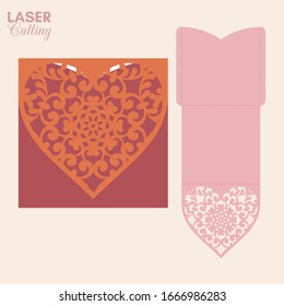 Laser cut pocket envelope with patterned heart. Template for cutting. Wedding invitation or valentine greeting card mockup with lace heart.