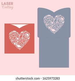 Laser cut pocket envelope with peonies flowers and leaves patterned heart. Template for cutting. Wedding invitation or valentine greeting card mockup with lace heart.