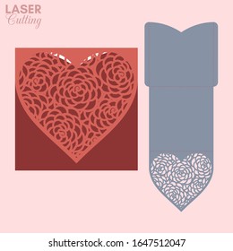 Laser cut pocket envelope with peonies flowers patterned heart. Template for cutting. Wedding invitation or valentine greeting card mockup with lace heart.