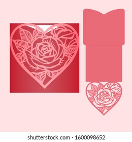 Laser cut pocket envelope with roses pattern. Template for cutting. Wedding invitation or valentine greeting card mockup with lace heart.