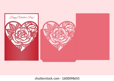 Laser cut pocket envelope with roses pattern. Template for cutting. Wedding invitation or valentine greeting card mockup with lace heart.