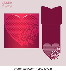 Laser cut pocket envelope with roses pattern. Template for cutting. Wedding invitation or valentine greeting card mockup with lace heart.