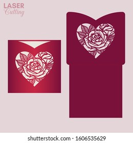 Laser cut pocket envelope with roses pattern. Template for cutting. Wedding invitation or valentine greeting card mockup with lace heart.