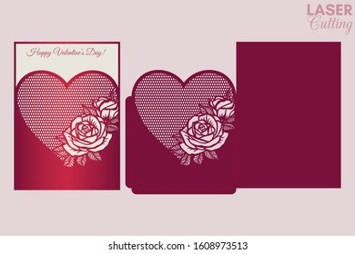 Laser cut pocket envelope with roses pattern. Template for cutting. Wedding invitation or valentine greeting card mockup with lace heart.