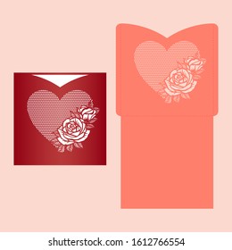 Laser cut pocket envelope with roses pattern. Template for cutting. Wedding invitation or valentine greeting card mockup with lace heart.