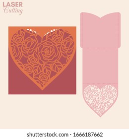 Sobre de bolsillo para cortar láser con rosas y hojas con estampado corazón. Plantilla para cortar. Invitación de boda o tarjeta de felicitación valentina se burla con el corazón de encaje.