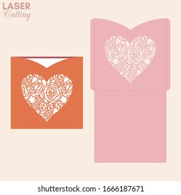 Laser cut pocket envelope with roses and leaves patterned heart. Template for cutting. Wedding invitation or valentine greeting card mockup with lace heart.