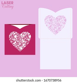 Laser cut pocket envelope with roses and leaves patterned heart. Template for cutting. Wedding invitation or valentine greeting card mockup with lace heart.