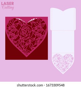 Laser cut pocket envelope with roses and leaves patterned heart. Template for cutting. Wedding invitation or valentine greeting card mockup with lace heart.
