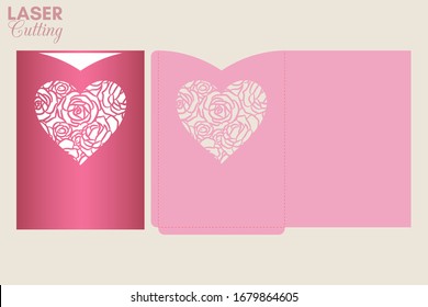 Laser cut pocket envelope with roses pattern. Template for cutting. Wedding invitation or valentine greeting card mockup with lace heart.