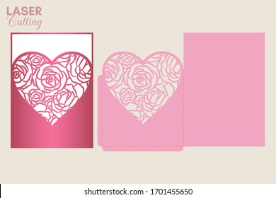 Laser cut pocket envelope with roses pattern. Template for cutting. Wedding invitation or valentine greeting card mockup with lace heart.