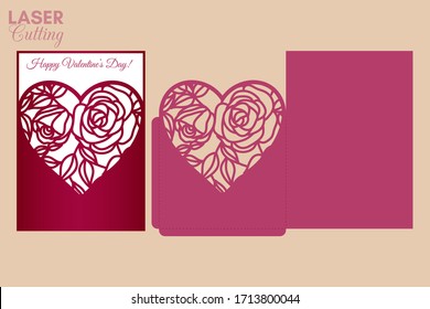 Laser cut pocket envelope with roses and leaves patterned heart. Template for cutting. Wedding invitation or valentine greeting card mockup with lace heart.