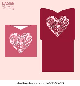 Laser cut pocket envelope with sea shells patterned heart. Template for cutting. Wedding invitation or valentine greeting card mockup with lace heart.
