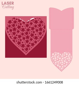 Laser cut pocket envelope with stars patterned heart. Template for cutting. Wedding invitation or valentine greeting card mockup with lace heart.