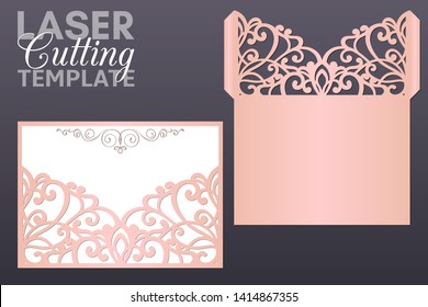 Laser cut pocket envelope template with lace pattern. Wedding invitation or greeting card with abstract ornament. Suitable for greeting cards, invitations, menus.