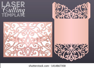 Laser cut pocket envelope template with lace pattern. Wedding invitation or greeting card with abstract ornament. Suitable for greeting cards, invitations, menus.