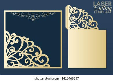 Laser cut pocket envelope template with patterned lace corner. Wedding invitation or greeting card with abstract ornament. Suitable for greeting cards, invitations, menus.