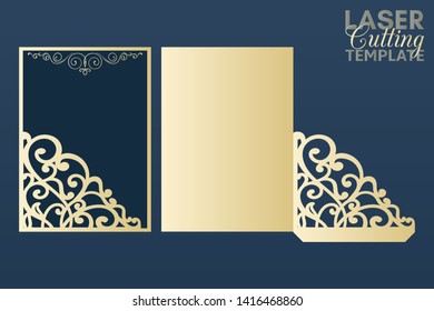 Laser cut pocket envelope template with patterned lace corner. Wedding invitation or greeting card with abstract ornament. Suitable for greeting cards, invitations, menus.