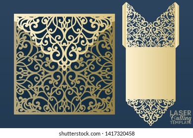 Laser cut pocket envelope template with lace pattern. Wedding invitation or greeting card with abstract ornament. Suitable for greeting cards, invitations, menus.