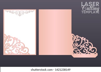 Laser cut pocket envelope template with lace pattern. Wedding invitation or greeting card with abstract ornament. Suitable for greeting cards, invitations, menus.