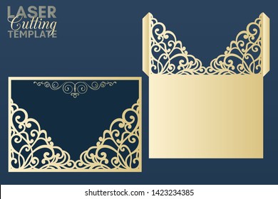 Laser cut pocket envelope template with lace pattern. Wedding invitation or greeting card with abstract ornament. Suitable for greeting cards, invitations, menus.