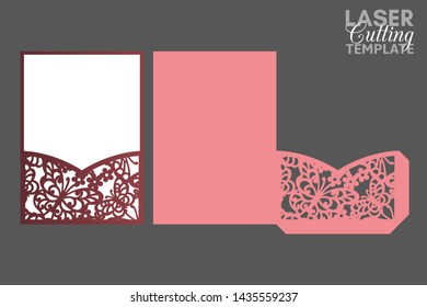 Laser cut pocket envelope template with pattern of butterflies and flowers, vector. Wedding invitation or greeting card with abstract ornament. Suitable for greeting cards, invitations, menus.