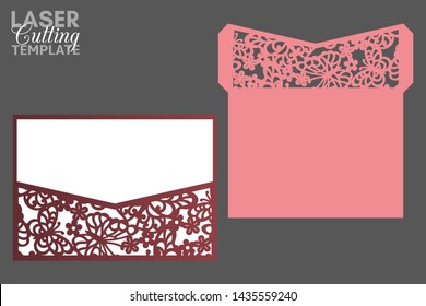 Laser cut pocket envelope template with pattern of butterflies and flowers, vector. Wedding invitation or greeting card with abstract ornament. Suitable for greeting cards, invitations, menus.