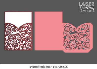 Laser cut pocket envelope template with pattern of butterflies and flowers, vector. Wedding invitation or greeting card with abstract ornament. Suitable for greeting cards, invitations, menus.