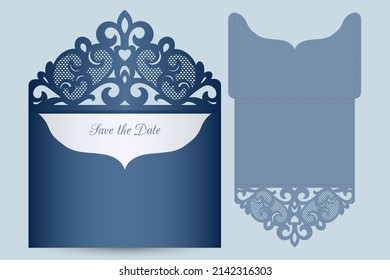 Laser cut pocket envelope template 5x7 with lace cap. Suitable for greeting cards, invitations, menus. Vector illustration.