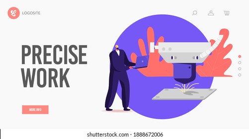 Laser Cut Processing Landing Page Template. Engineer Worker Character in Uniform Managing Manufacture. Tiny Factory Worker with Laptop Use Modern Technologies on Plant. Cartoon Vector Illustration