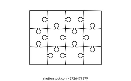 Laser cut puzzle template with 12 details. Jigsaw grid layout, 12‑piece 3x4 mosaic game background, blank infographic diagram, modern white vector illustration for templates and design projects