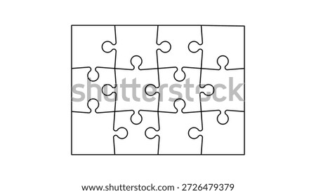 Laser cut puzzle template with 12 details. Jigsaw grid layout, 12‑piece 3x4 mosaic game background, blank infographic diagram, modern white vector illustration for templates and design projects